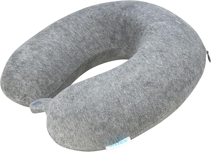 Bliss Neck Pillow - Lightweight U-Shaped Memory Foam Travel Neck Pillow with Snap Closure for Airplanes, Traveling, Offices, Cars, Grey Terry