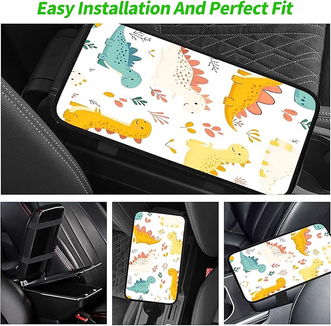 JANENFNA Car Armrest Cover Pads Universal Fashion Cute Auto Center Console Armrest Cover Pad with 2PCS Car Coasters Soft Waterproof Car Armrest Seat Protector for Women,Cute Dinosaur