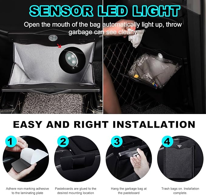 Car Hanging Trash Can, Magnetic Closure LED Light Auto Trash Bag Storage Pocket, Collapsible Waterproof Leather Hanging Trash Can with Disposable Trash Bag, Car Accessories (Black)