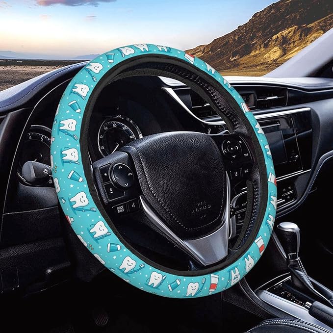 FeHuew Cute Teeth Blue Pattern Steering Wheel Cover for Women, Girls 15 inch Universal Auto Car Anti Slip Wrap Steering Wheel Covers Fit for Vehicles, Truck, SUV