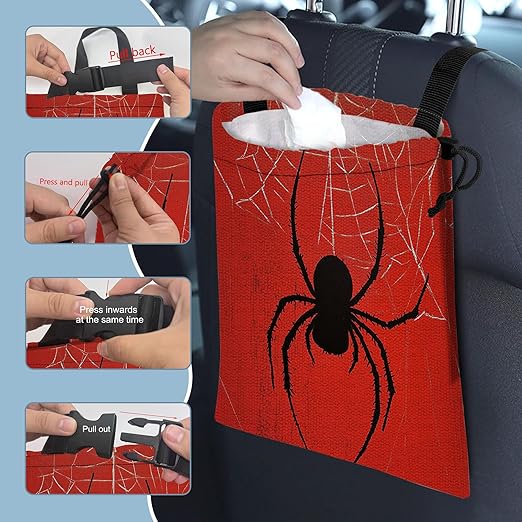 Spiders on Web Car Trash Bag,Hanging Drawstring Car Garbage Bag,Canvas Car Back Seat Organizer with Adjustable Buckle for Men and Women