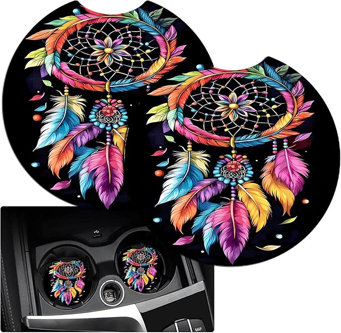 JANENFNA Car Armrest Cover Pads Universal Fashion Cute Auto Center Console Armrest Cover Pad with 2PCS Car Coasters Soft Waterproof Car Armrest Seat Protector for Women,Colorful Wind Chime