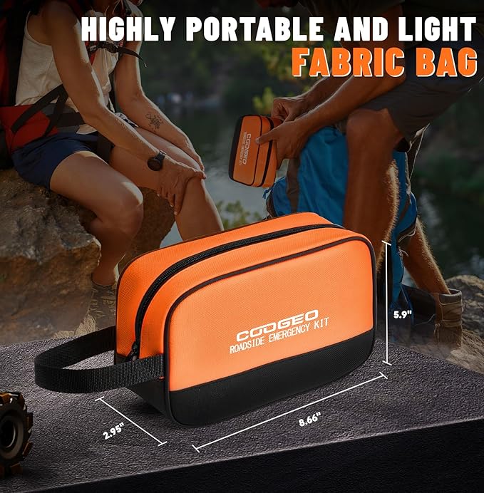 COOGEO Roadside Emergency Car Kit with Jumper Cables, Car Accessories for Men, Assistance Safety Kit Includes Safety Hammer, Headlamp, Gloves, First Aid Kit for Women, Men, Teenagers, Orange