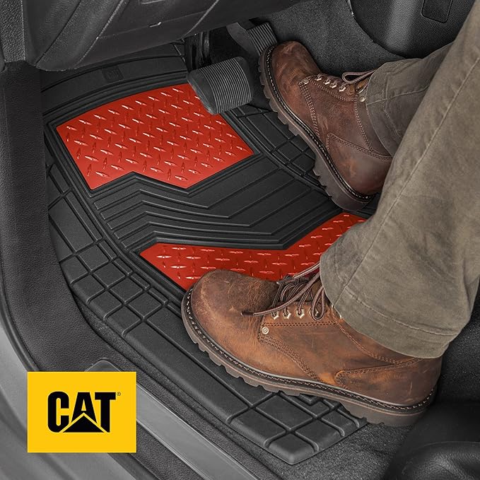 Cat® DiamondShield™ Rubber Floor Mats for Cars Trucks SUV, All Weather Protection, Front and Rear Car Mats with Heel Pad & Anti-Slip Backing, Universal Trim-to-Fit Rubber Floor Mats for Car, Red