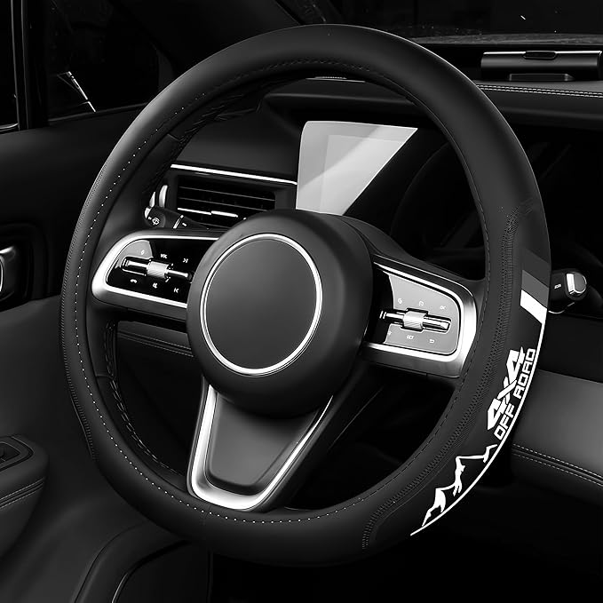 Non-Slip Leather Tri-Color Mountain Steering Wheel Cover Compatible with Toyota Tacoma TRD 4Runner Tundra Highlander Accessories Fit for 14.5-15inch Steering Wheel (Gray 4X4)