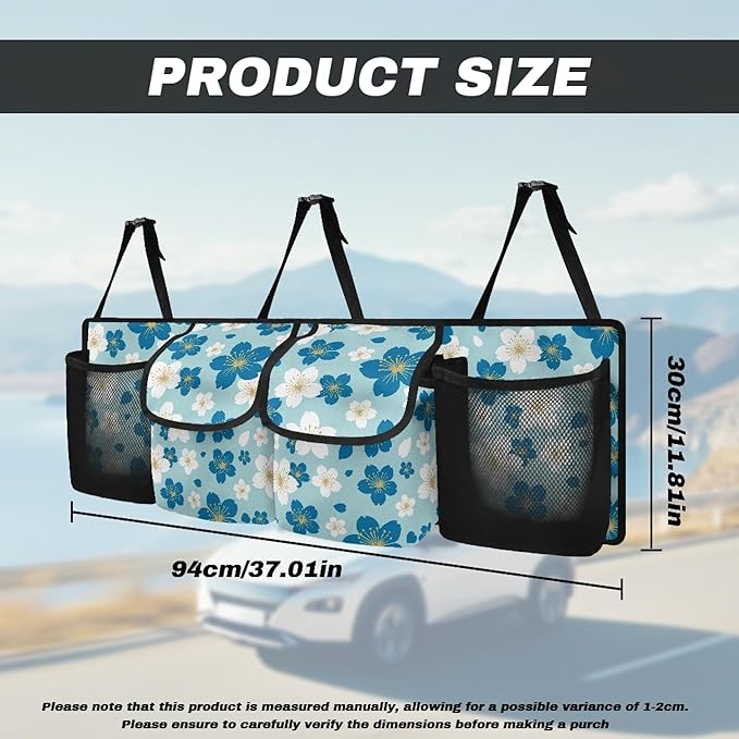 CLOHOMIN Flower Car Trunk Organizers for Women Blue Back Seat Storage Bag with 4 Pockets Fashion Trunk Organizer for SUV Truck Sedan Hanging Car Interior Accessories