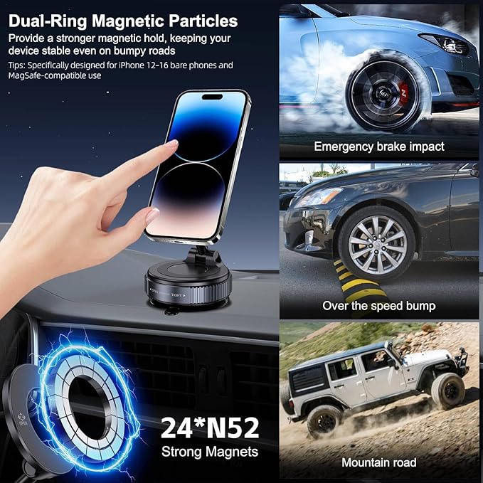 Jikasho Vacuum Magnetic Suction Phone Holder, Foldable and Retractable Hands-Free Suction Cup Phone Mount for Car/Gym/Mirror/Smooth Surface, Compatible with iPhone Android and All Smartphones (Black)