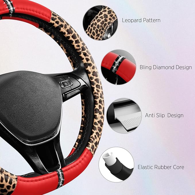 Road Comforts Leopard Steering Wheel Cover - Made with PVC Leather Cheetah Print, D-Shaped Automotive Steering Wheels - Anti-Slip, Universal Fit 14 1/2 inches to 15 inches - Red