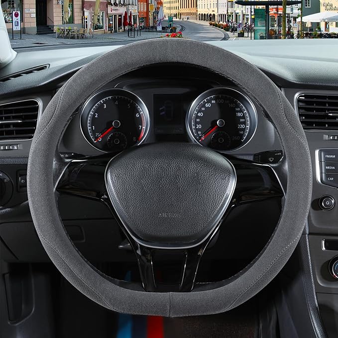 14 inch Gray Suede D Shaped Steering Wheel Cover, Breathable Non-Slip Sweat-Proof Wear-Resistant No Pilling, Warm in Winter and Cool in Summer