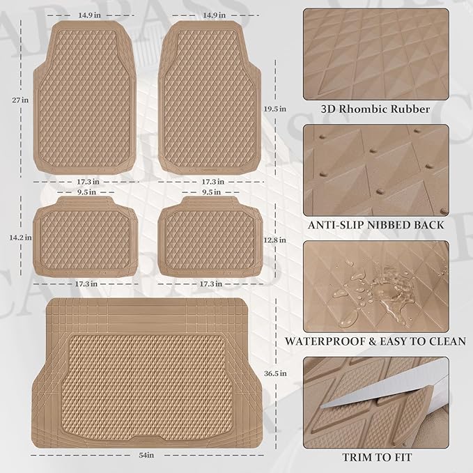 CAR PASS Beige Rubber Car Floor Mats & Cargo Liners, Durable Anti-Slip 3D Rhombus Waterproof Automotive Pad Trim Fit Liner All-Weather Trunk Mats Full Set Universal Fit Auto Van Sedan SUV Truck Beige