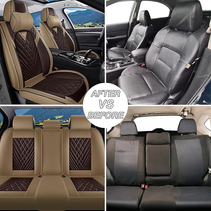 BYXN Car Seat Covers for Jeep Wrangler 2000-2026,Breathable Nappa Leather Car Seat Protector,Front Seat Cover with Pillow Automotive Seat Cushion with Airbag Compatible(Front Seats,Beige-Brown)