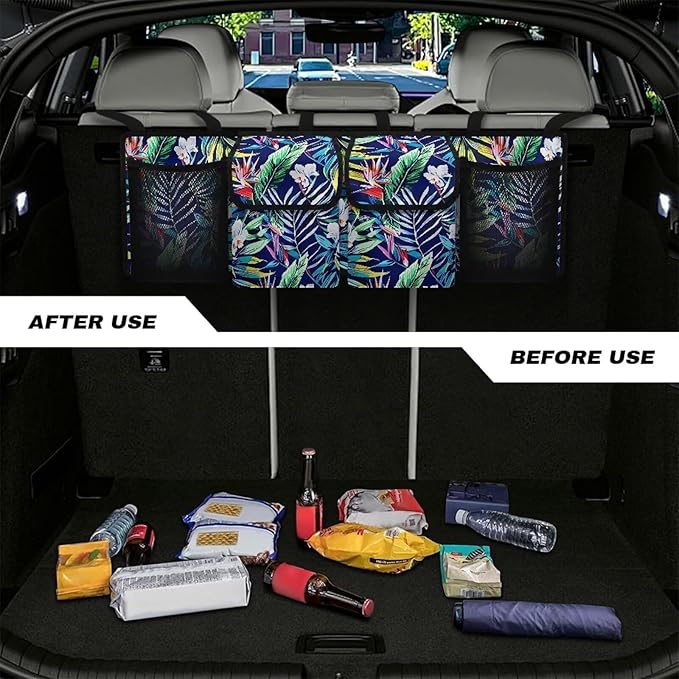 Car Storage Organizer New Version,Tropical Plant Floral Hanging Trunk Organizer with 4 Functional Storage Bags, Car Trunk Storage Bag for SUV Truck MPV VAN