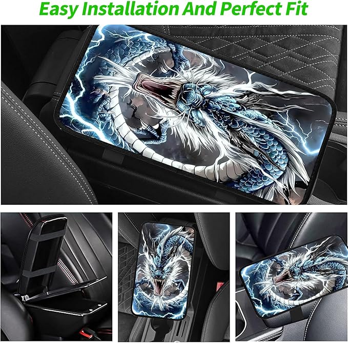 JANENFNA Car Armrest Cover Pads Universal Fashion Cute Auto Center Console Armrest Cover Pad with 2PCS Car Coasters Soft Waterproof Car Armrest Seat Protector for Women,Thunder Dragon-A