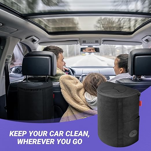 INFIVITA Car Trash Can – Premium Adjustable Strap & Bottom Hook Design with Convenient Top Opening and Bag Storage Pocket