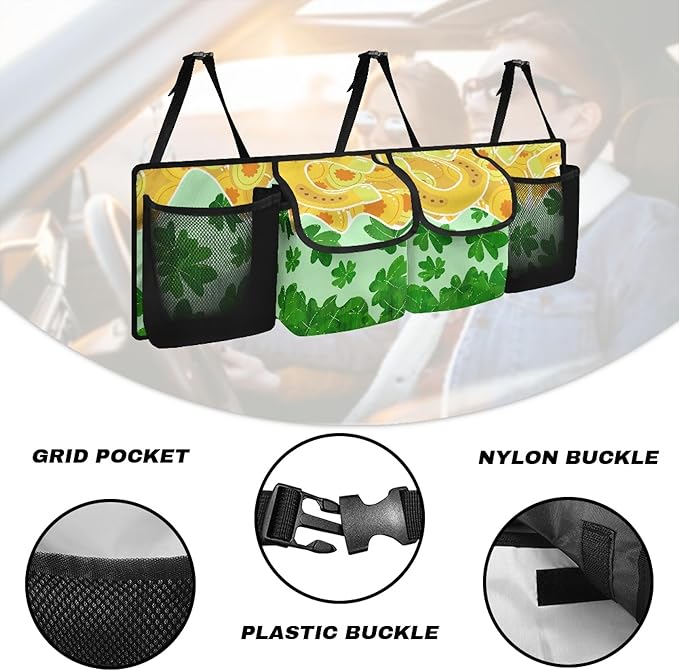 CLOHOMIN Green Leaf Car Trunk Organizer St. Patrick's Day Car Storage Organizer Washable Backseat Hanging Large Storage with Adjustable Strap Collapsible Car Storage Bag for Sedans, Trucks, SUVs