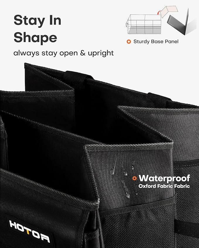 HOTOR Foldable Trunk Organizer - SUVs & Sedans, Sturdy Car Organization With 2 Compartments, Black, 23.6"×14.2"×10.6"