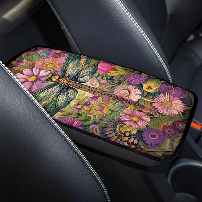 Mintutlipy Colorful Dragonflies and Flowers Car Armrest Cover Car Arm Rest Pad Car Interior Accessories for Men Women Dust Proof Car Center Console Protector