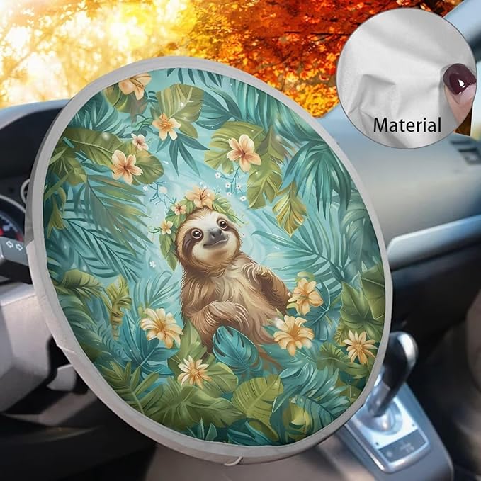 Floral Sloth Leaf Pattern Universal Steering Wheel Sun Shade Fit Most Car Truck SUV Van Block UV Rays Steering Wheel Sun Cover Car Rudder Visor Steering Wheels Accessories