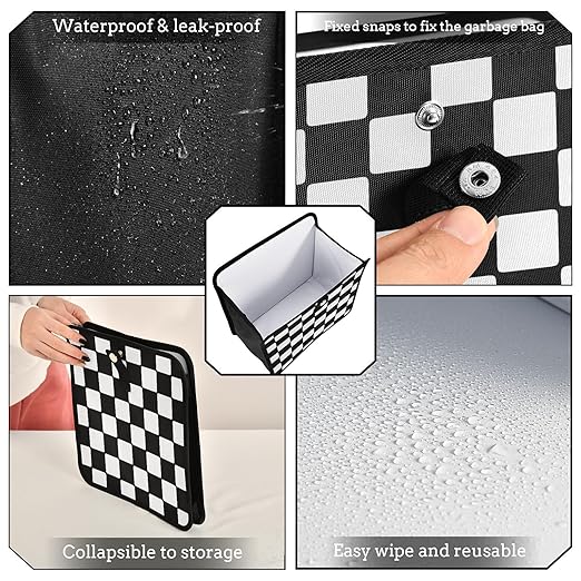 Car Trash Can Car Organizer Car Garbage Can with Adjustable Strap for Back Front Seat Console Waterproof Leakproof Collapsible Portable 11 Inch Checkerboard