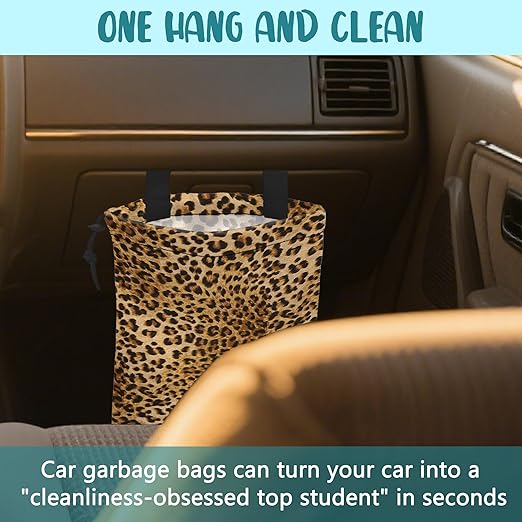 KXWQTRDD Car Trash Bag Brown Leopard Leak-Proof Waterproof Car Garbage Bag with Drawstring Foldable Canvas Trash Bin with Adjustable Buckle for Car Accessories, Travelling, Camping