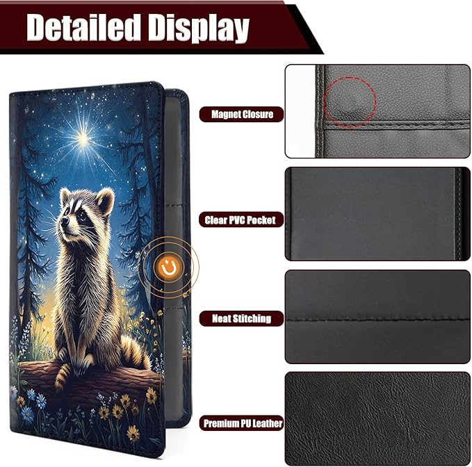 Car Document Holder with Magnetic Shut, Car Registration and Insurance Card Holder, Vehicle Glove Box Organizer Documents, Driver License, Auto Paperwork Organizer Wallet, Night Forest Raccoon Pattern