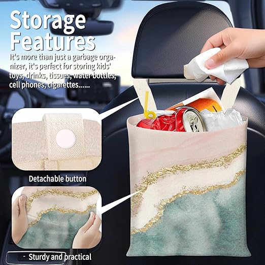 BEAKND Hanging Car Garbage Bag, Cute Car Trash Can Bag, Automotive Accessories for Women Men Luxury Pink Blue Marble