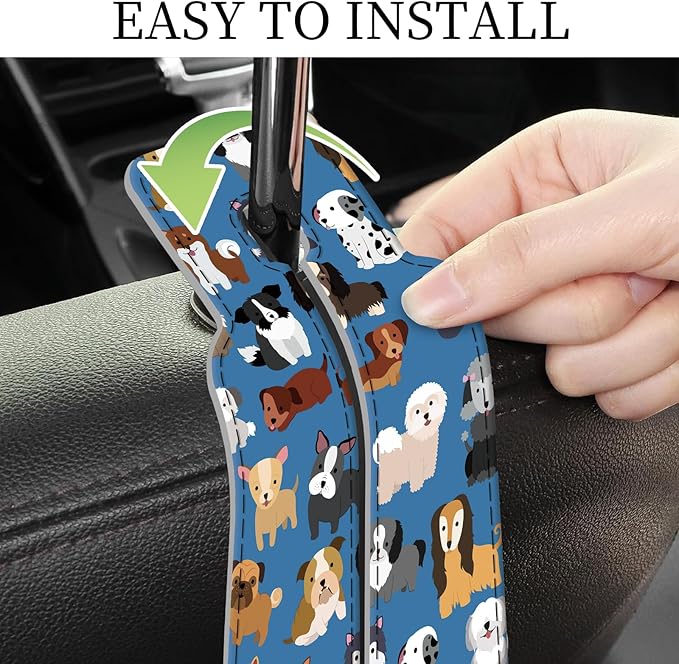AXRQLSU PU Leather Car Seat Hook, Storage Headrest Hanger, Cute Car Backseat Organizer, Car Hooks for Purses and Bags Blue Cute Dogs