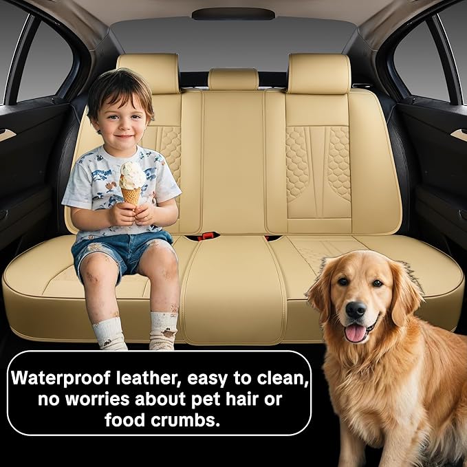 Wertigen Beige Leather Car Seat Covers - Luxury Waterproof Car Seat Protectors with Lumbar Support, Non-Slip Base, Airbag Compatibility, Easy Installation and Cleaning
