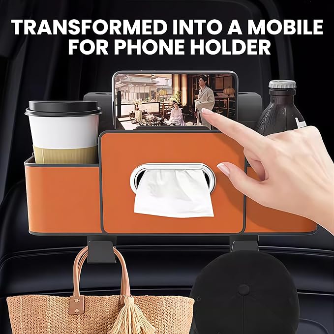 2026 Multifunctional Car Organizers and Storage Box with Drink Cup Holder Tissue Box, Backseat Organizers Hanging Storage for Hold Phone,Snacks, Drinks, Handbag, Most Vehicles (Orange-1)