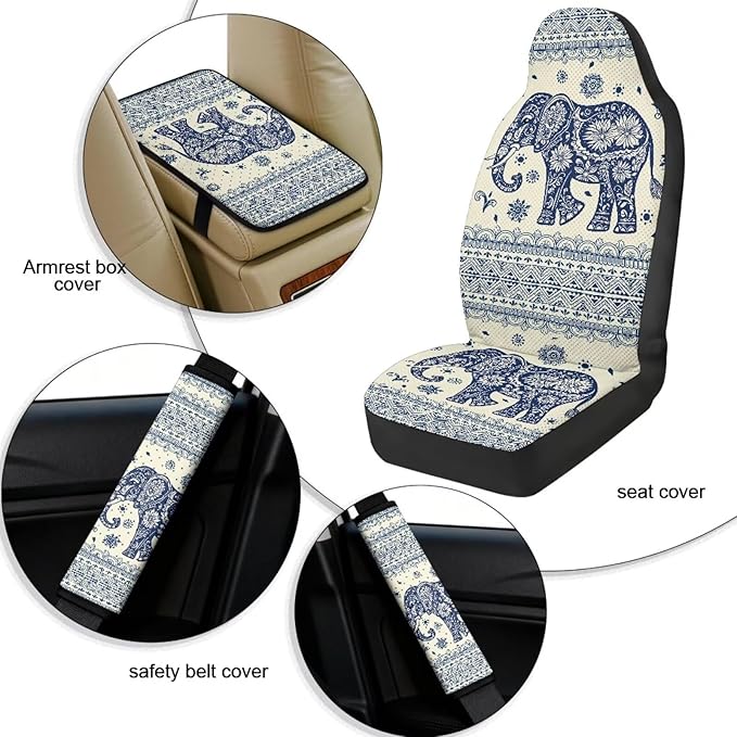 FUSURIRE Car Accessories Set, 5PCS Ethnic Elephant Pattern Vehicle Kit with PU Front Seat Covers, Seat Belt Covers & Center Armrest Pad, Universal Automotive Interior Ornament