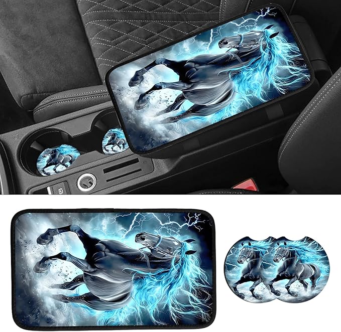 JANENFNA Car Armrest Cover Pads Universal Fashion Cute Auto Center Console Armrest Cover Pad with 2PCS Car Coasters Soft Waterproof Car Armrest Seat Protector for Women,Lightning Mane Horse