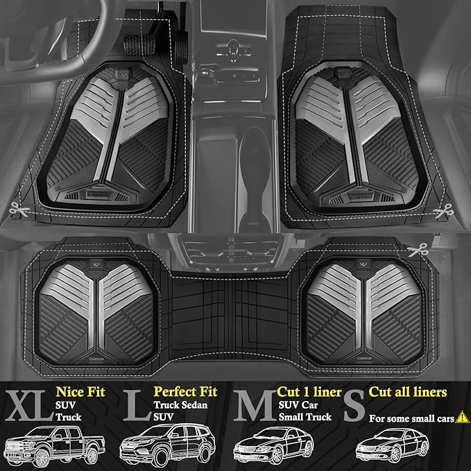 CAR PASS Heavy Duty Rubber Car Mats, Deep-Dish Car Floor Mats All Weather, Universal Two-Tone Trim-to-Fit for SUVs Trucks Sedans, Waterproof Anti-Slip, 3 Pieces V12 Black and Metallic Gray
