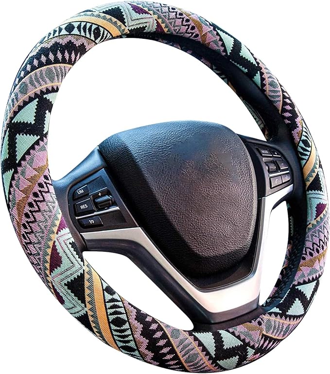Valleycomfy Cloth Steering Wheel Covers for Women Bohemian Universal 15 inch Baja Blanket Enthic Maya
