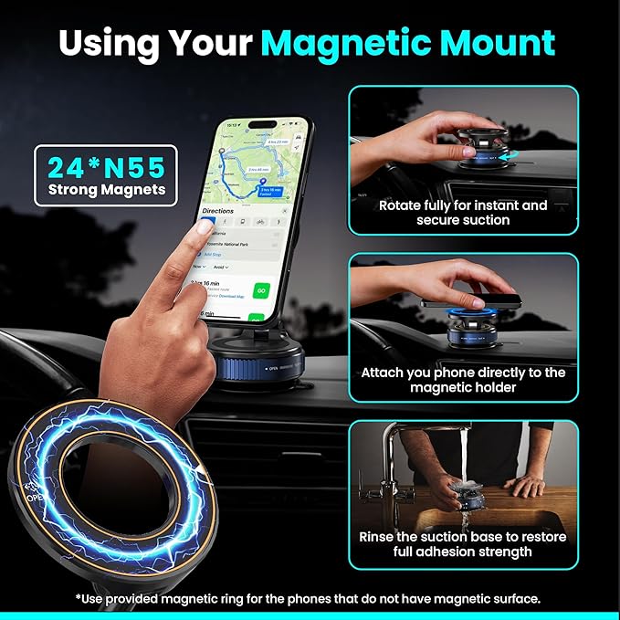 Magnetic Vacuum Phone Holder for Car – Adjustable 360° Strong Suction Mount, MagSafe Compatible Car Mount, iPhone Holder for Dashboard & Windshield, Adsorption Stand for iPhone & Samsung Smartphones