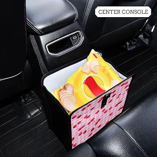Car Trash Can Organizer Bin with Adjustable Strap for Back Front Seat Console Waterproof Leakproof Collapsible Portable 8.66 Inch Pink Juicy Checkered Cherry