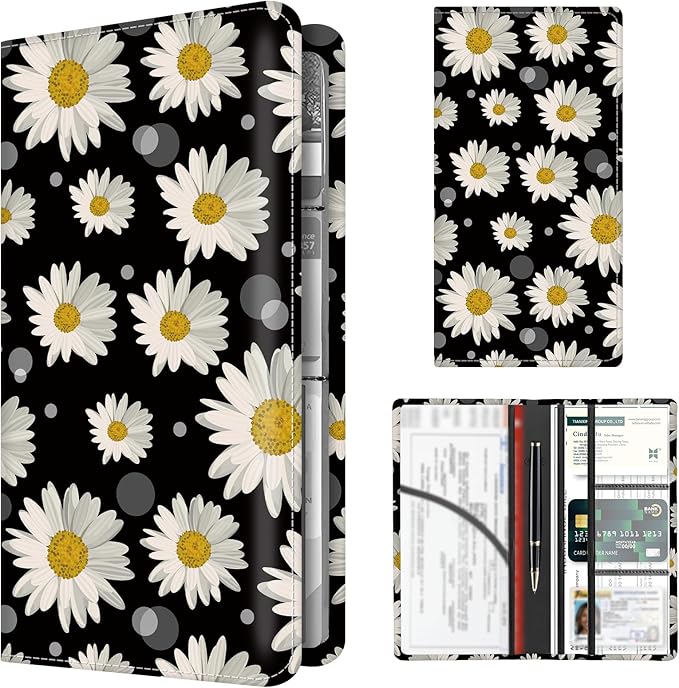 BAUCIWLD Premium Car Registration and Insurance Card Holder, Cute PU Leather Car Document Holder, Vehicle Glove Box Car Organizer with Magnetic Closure for Driver License, Cards White Daisy
