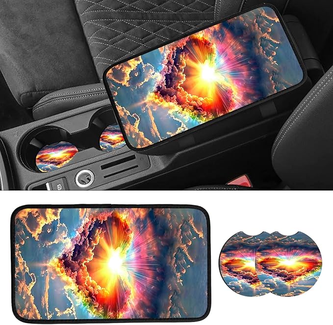 JANENFNA Car Armrest Cover Pads Universal Fashion Cute Auto Center Console Armrest Cover Pad with 2PCS Car Coasters Soft Waterproof Car Armrest Seat Protector for Women,Rainbow Heart Clouds