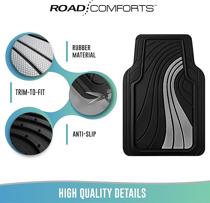 Road Comforts Car Floor Mats Full Set – Front & Rear Car Floor Mats with Aluminum Design, Anti-Slip Backing, All-Weather Protection, Trim-to-Fit Car Mats for Most Sedans, SUVs & Vans - Sliver