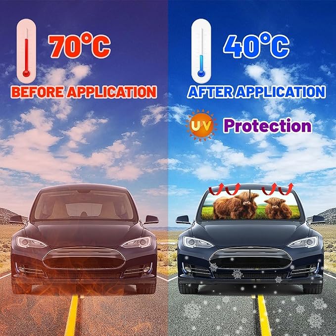 DOPINDU Highland Cattle Car Windshield Sun Shade Umbrella Bendable Handle Foldable Cute Cow Sunshade with Mirror Cut-Out Block UV Rays Keep Vehicle Cool for Most Sedans SUV Trucks Cars 57"x30"