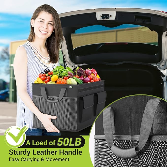 MIU COLOR Car Trunk Organizer with Lid, Foldable Car Storage Organizer with 3 Compartments, 8 Pockets, Leather Handles, Non-Slip Bottom, Car Organizer and Storage for SUV, Van, Grocery, Camping