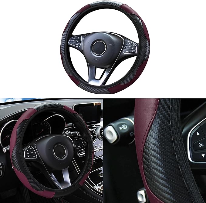 Car Steering Wheel Cover, 15 inch Carbon Fiber Microfiber PU Leather Elastic Steering Wheel Protector for Men Women, Anti-Slip Breathable Car Interior Accessories for Most Cars (Wine Red)