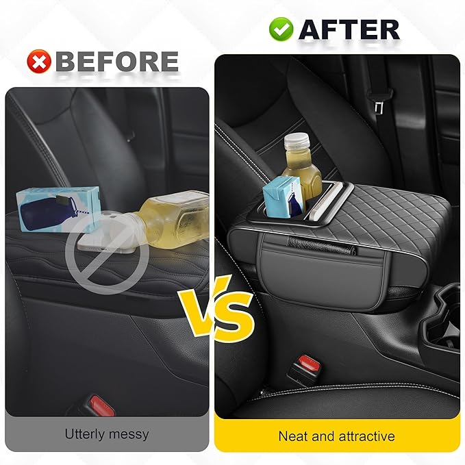 Center Console Cover for CTS: Armrest Cover for Car with 2 Storage Bags - Waterproof Leather Center Console Cover with Cup Holder for Car,Anti-Scratch Auto Armrest Pad Accessory （Grey