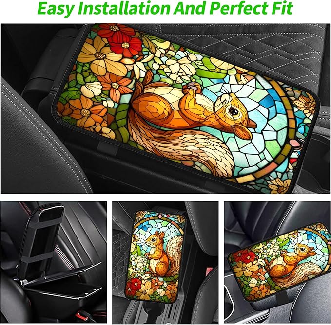 JANENFNA Car Armrest Cover Pads Universal Fashion Cute Auto Center Console Armrest Cover Pad with 2PCS Car Coasters Soft Waterproof Car Armrest Seat Protector for Women,Stained Glass Squirrel