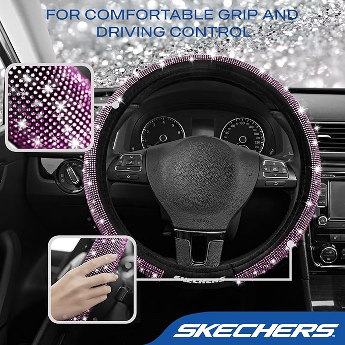 Skechers Women’s Bling Steering Wheel Cover, Velvet with Sparkly Crystal Rhinestones, Stylish Car Interior Gift, Universal Fit 14" 1/2-15" for Cars, SUVs, Trucks, Purple Diamond