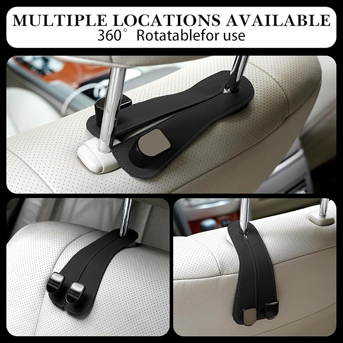 Adorila Car Seat Headrest Hooks - Vegan Leather Double Hook Purse & Phone Holder, Seat Back Organizer for Bags, Clothing & Handbags (Black, 2-Pack)