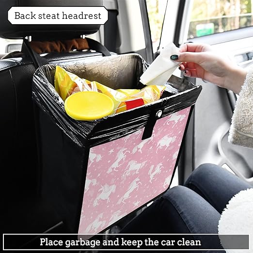 Car Trash Can Organizer Bin with Adjustable Strap for Back Front Seat Console Waterproof Leakproof Collapsible Portable 11 Inch Pink Unicorns Silhouette and Stars