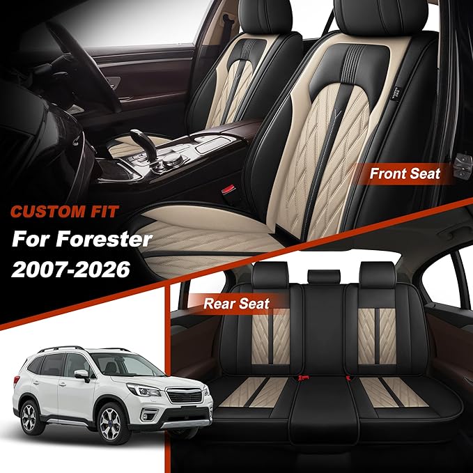 TTX LIGHTING Seat Covers Fit for Subaru Forester 2007-2026 Seat Covers Full Set Car Seat Covers Faux Leather Breathable Waterproof Car Seat Protector (5 Seats, Black&Beige)