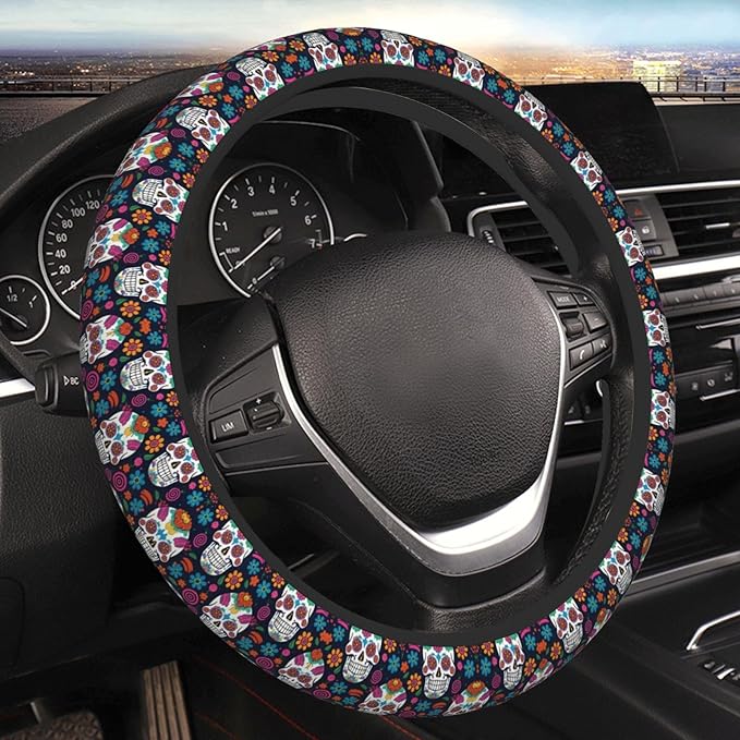 Neoprene Steering Wheel Cover Skull Florals Car Steering Wheel Cover Universal Fit for Most Cars