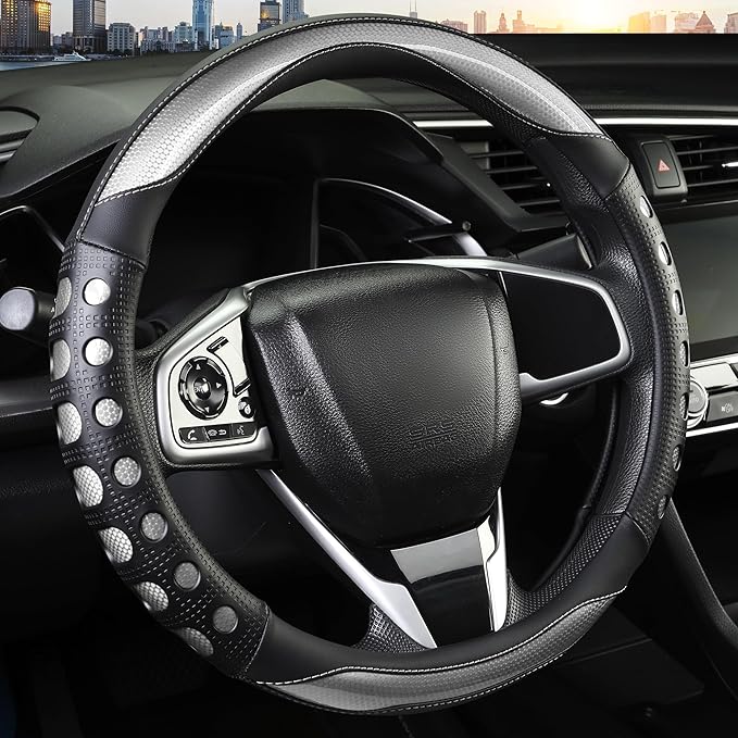 QCYP PU Leather Car Steering Wheel Cover with Anti-Slip Grip, for Women and Men, Universal Fit for 14.5-15 Inch Cars, Trucks, SUVs (Gray (Round), Medium(Standard) Size[14 1/2''-15''])
