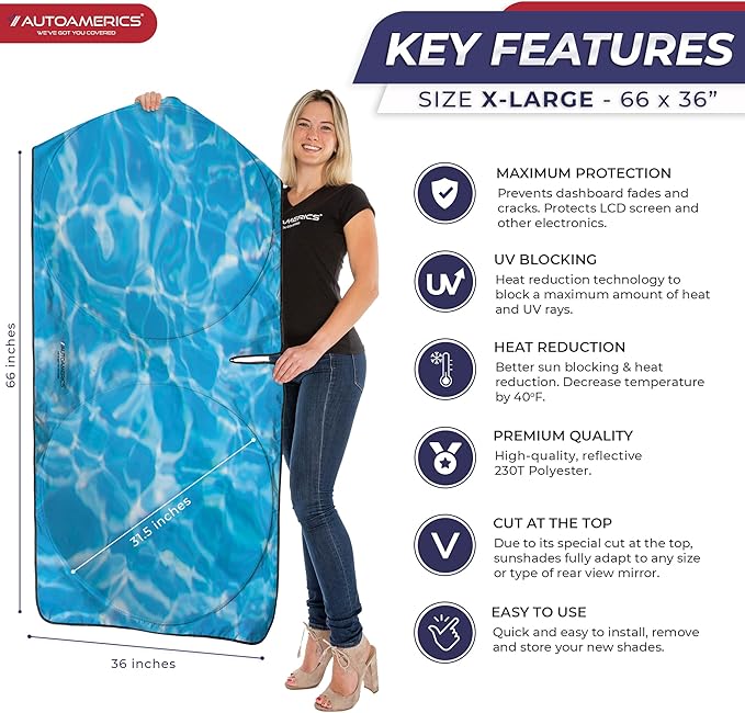 1-Piece Windshield Sun Shade - Foldable Car Front Window Sunshade for Cars SUV Truck Heat Blocker Visor Protector Blocks Max UV Rays and Keeps Your Vehicle Cool (X-Large = 66 x 36 inches, Water)